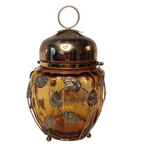 VTG Amber Gold Glass Biscuit Candy Cookie Jar W/ Lid Musical By Schmid Japan 9x5